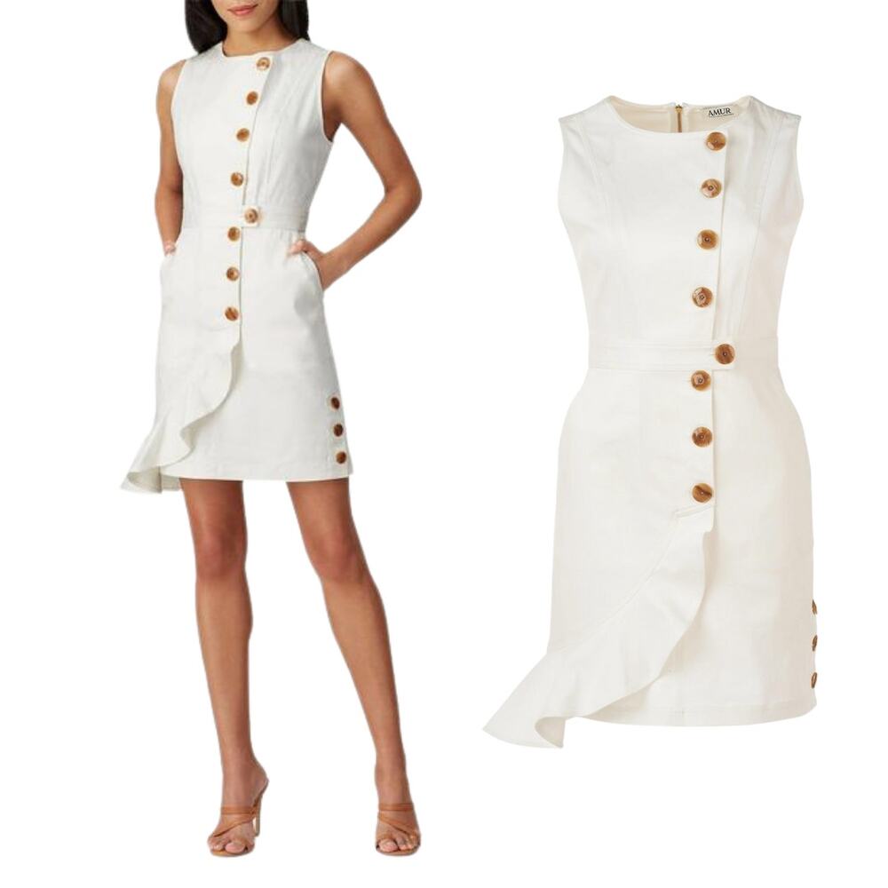 AMUR White Sleeveless Ruffle Front Button Mini Dress